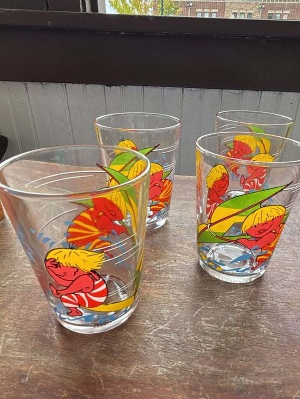 Vintage Amora France Bibifoc Children's Advertising Mustard Glass Set of 4